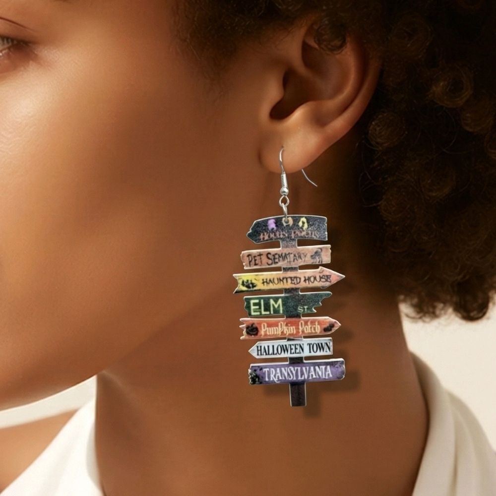 Horror Movie Street Sign Earrings Directional Goth Pet Cemetary Elm Hocus Pocus